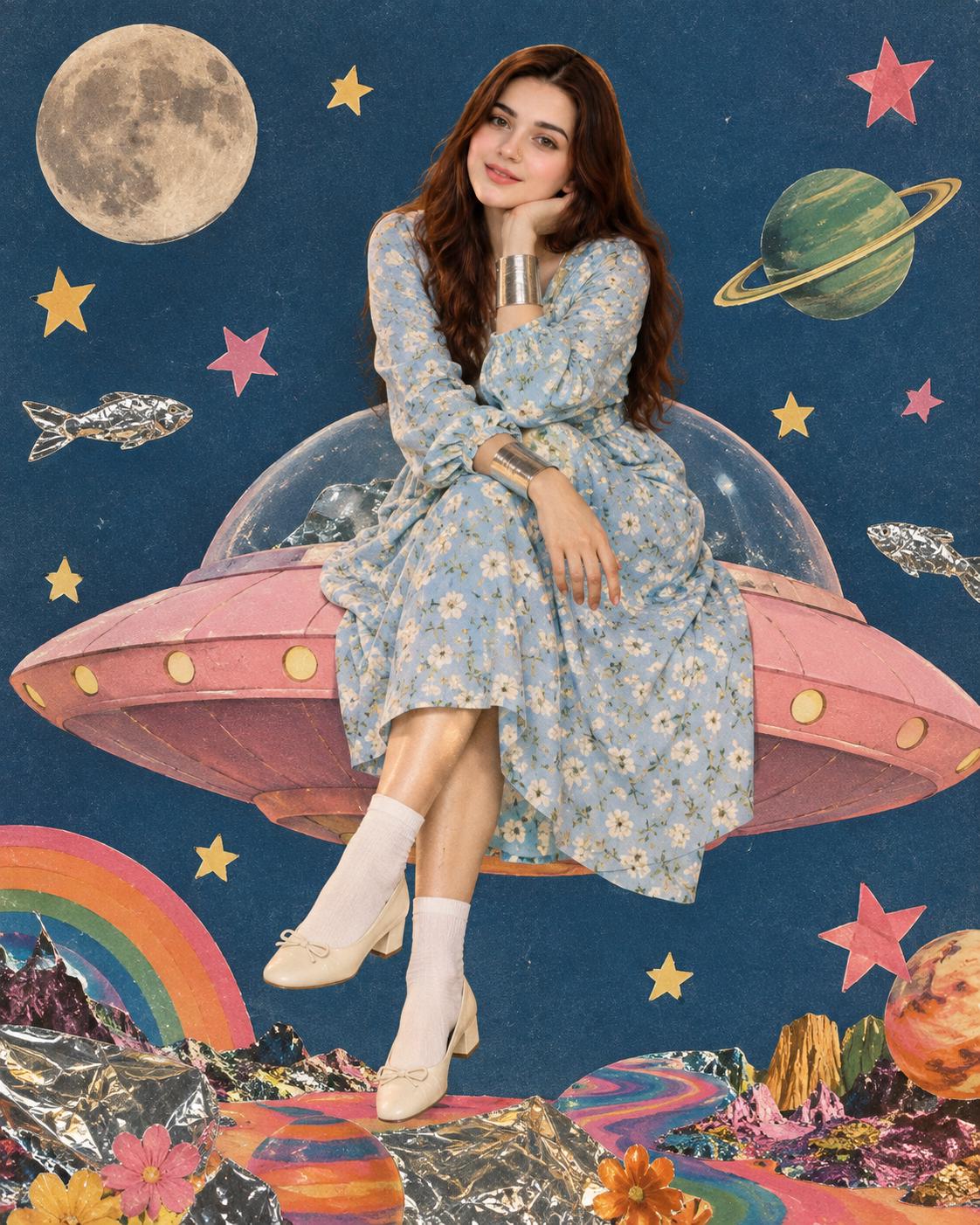 Retro 70s UFO Fashion Collage Pop Art Style AI Image Prompt | Vintage Space Aesthetic