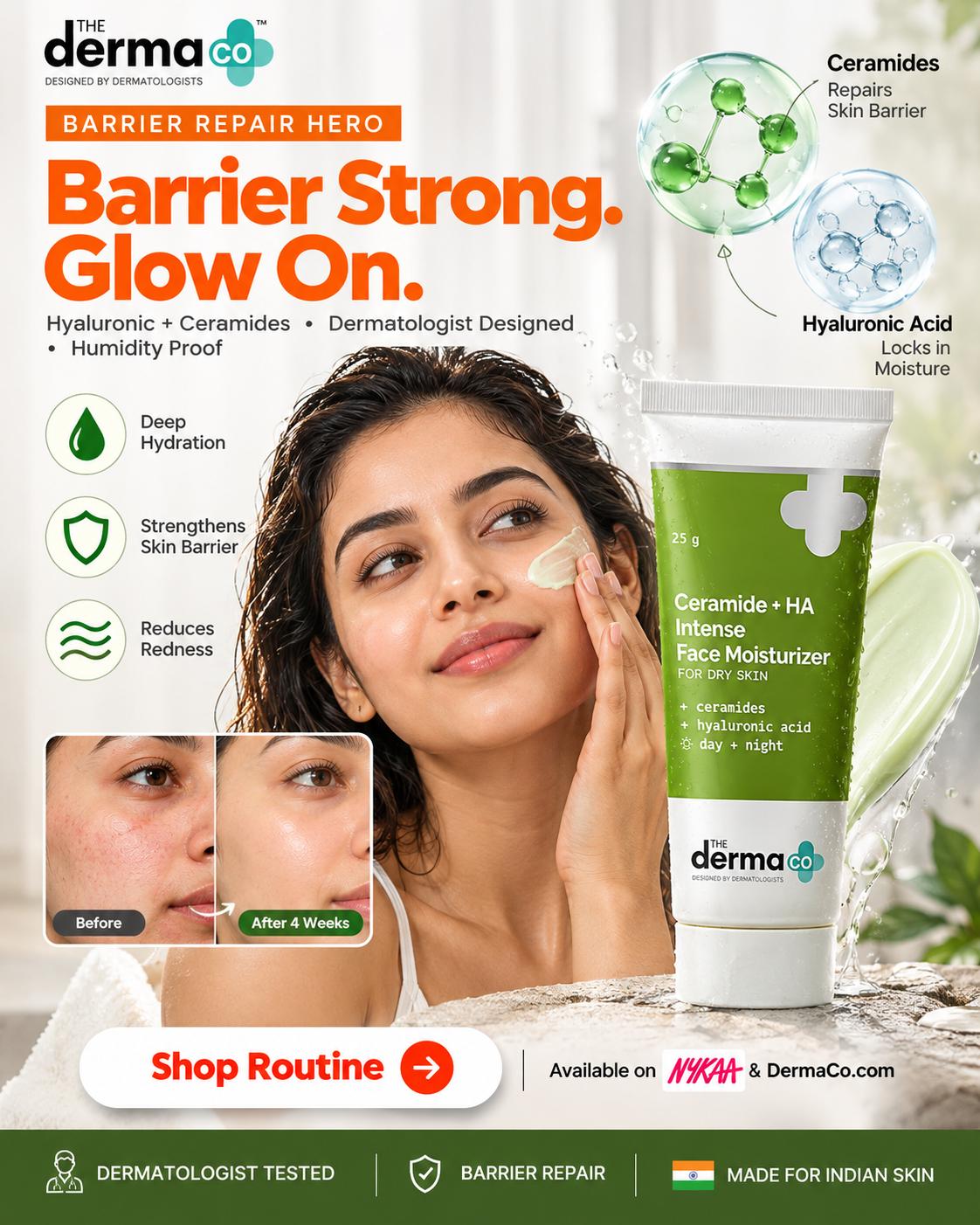 The Derma Co Ceramide + HA Moisturizer Advertising AI Image Prompt | Social Media Creative design Idea