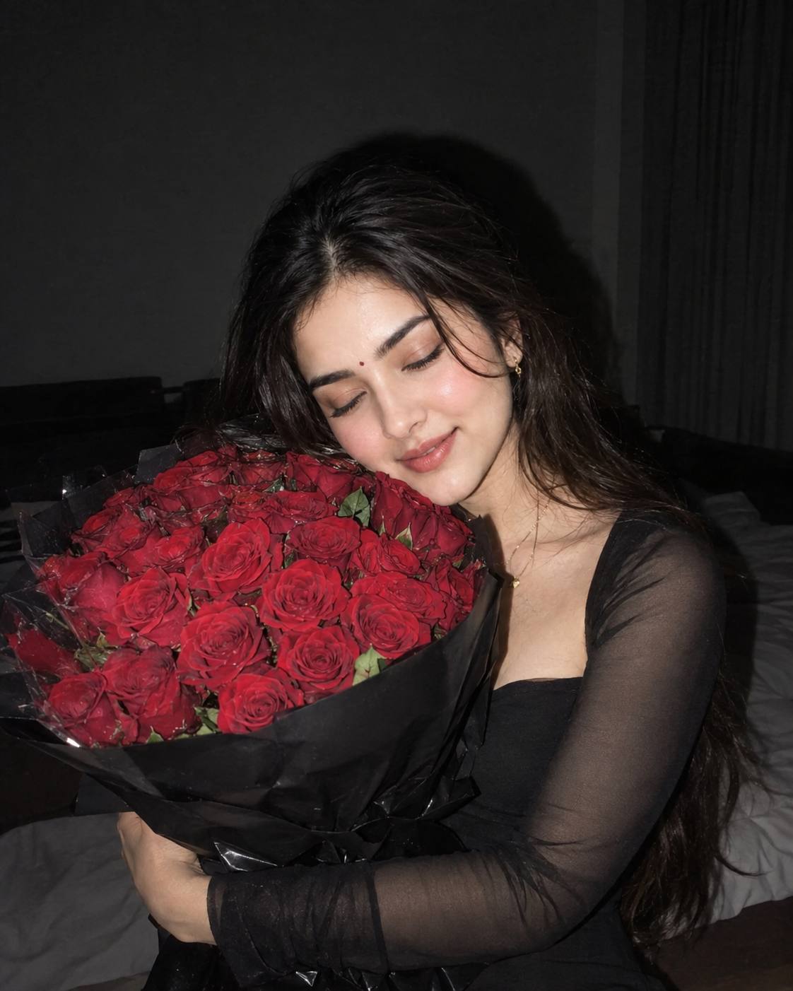 Black dress portrait AI prompt | Red roses and Sony FX2 flash photography
