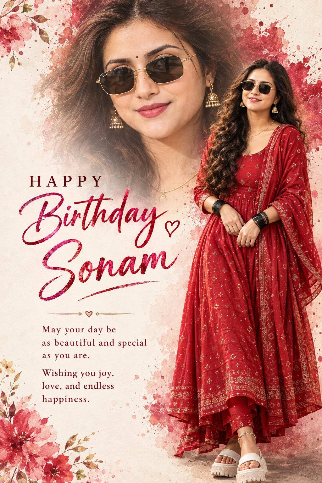 Ultra-Realistic Double Portrait Girl Birthday Collage Poster AI Prompt | Elegant Red Outfit & Personalized Birthday Wishes