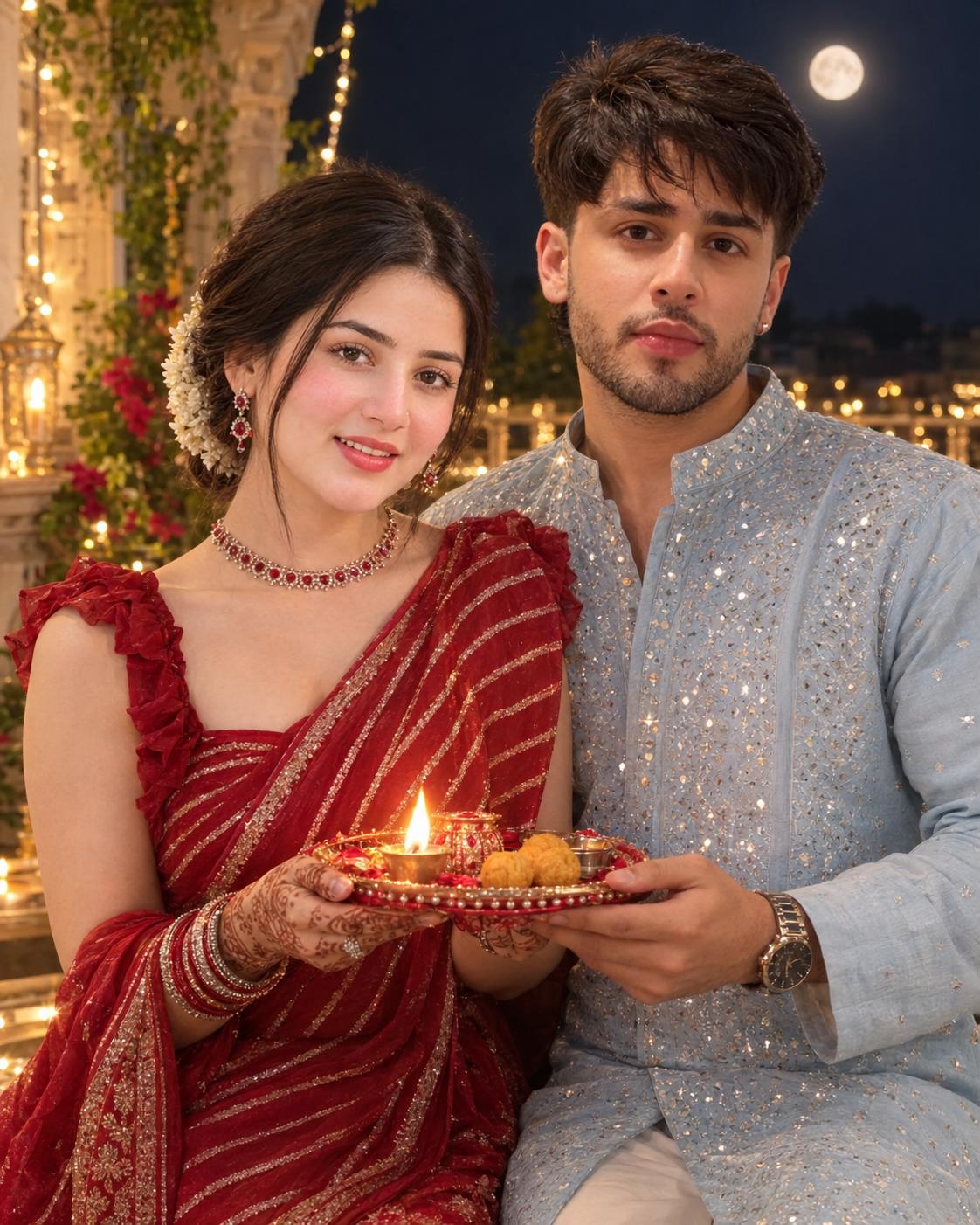 Karwa Chauth Couple Portrait AI Image Prompt ChatGPT | Red-Silver Saree & Glowing Pooja Thali