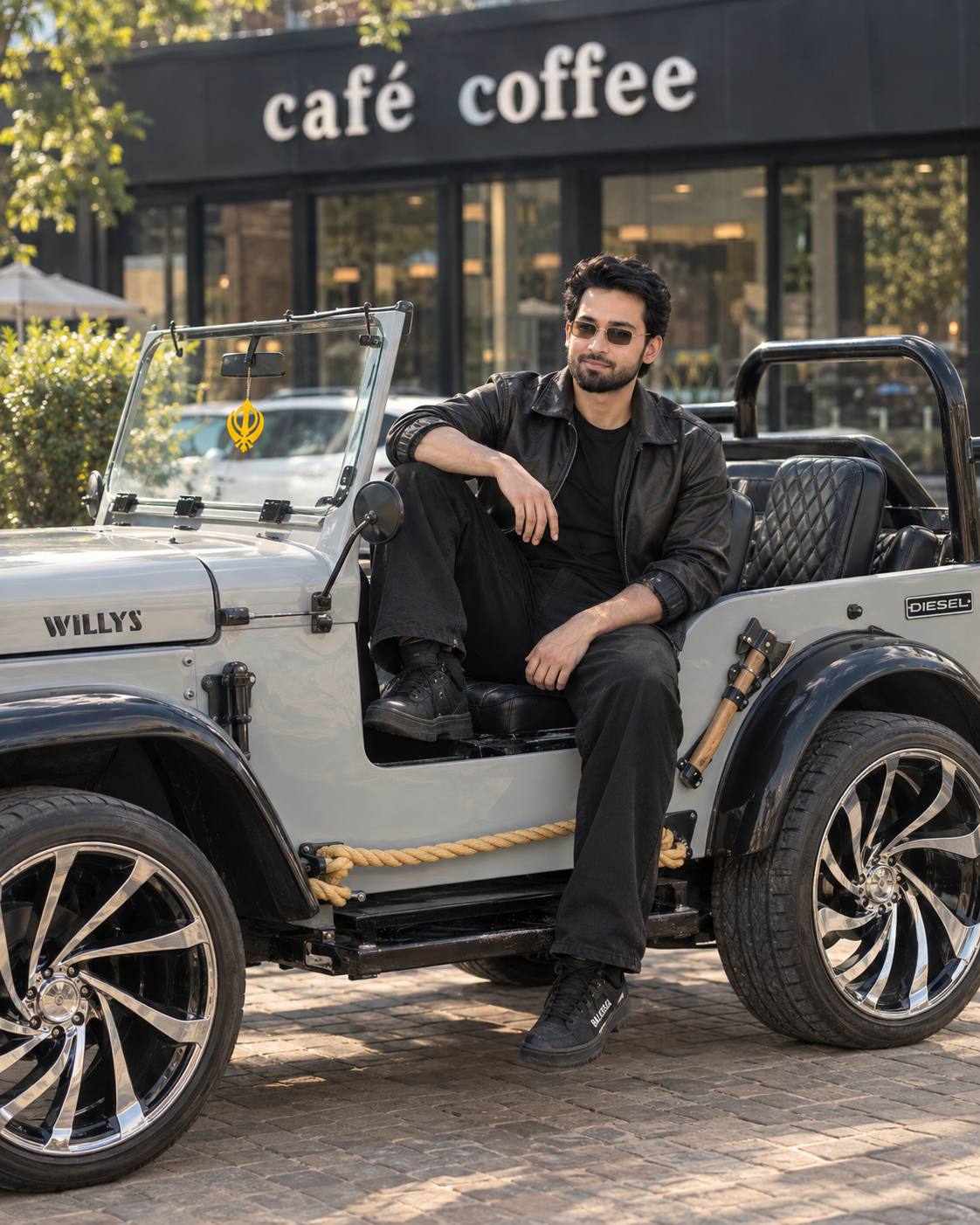 Vintage Willys Jeep portrait AI prompt | Black leather street style & 8K