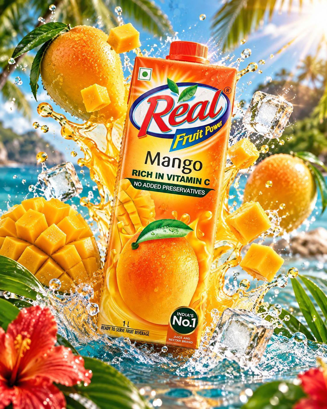 Mango juice advertising AI prompt | Tropical fruit, refreshing drink & commercial poster