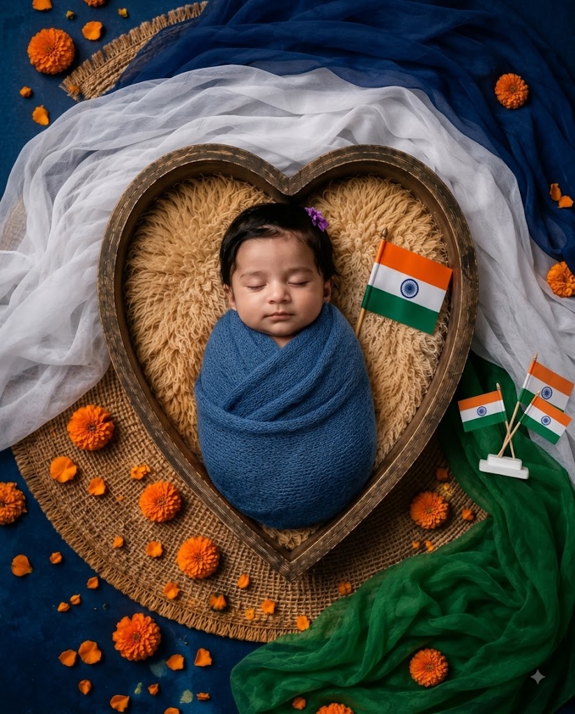 15 August Baby AI Photo Prompt – Adorable Tricolor-Themed Newborn Portrait
