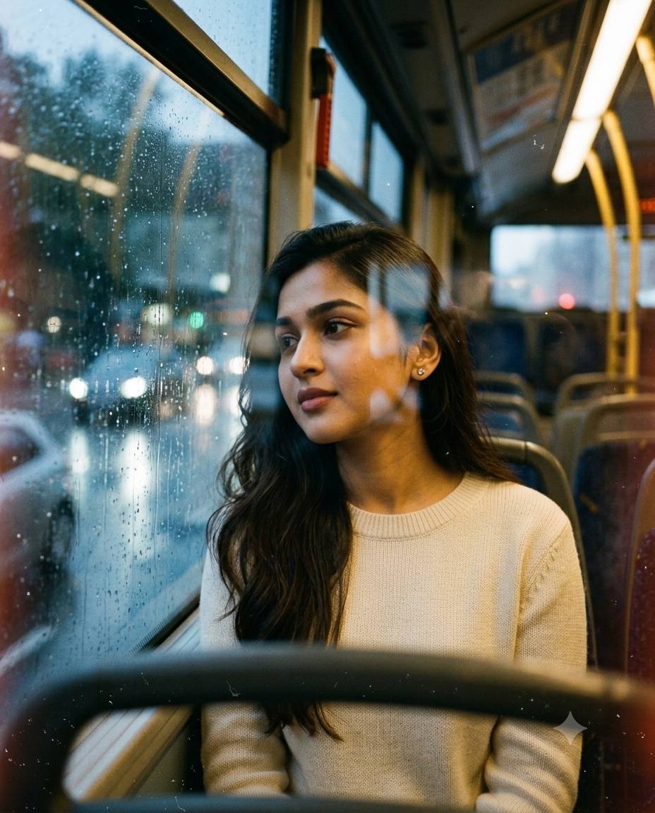 1980s rainy bus portrait AI prompt | Authentic vintage film style