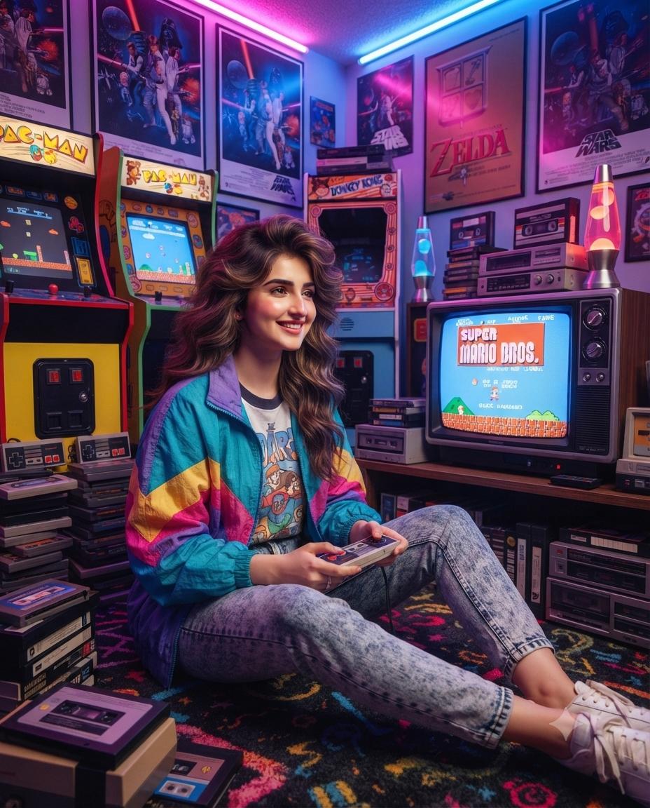 1980s retro gaming AI prompt | Arcade, CRT TV & neon lights
