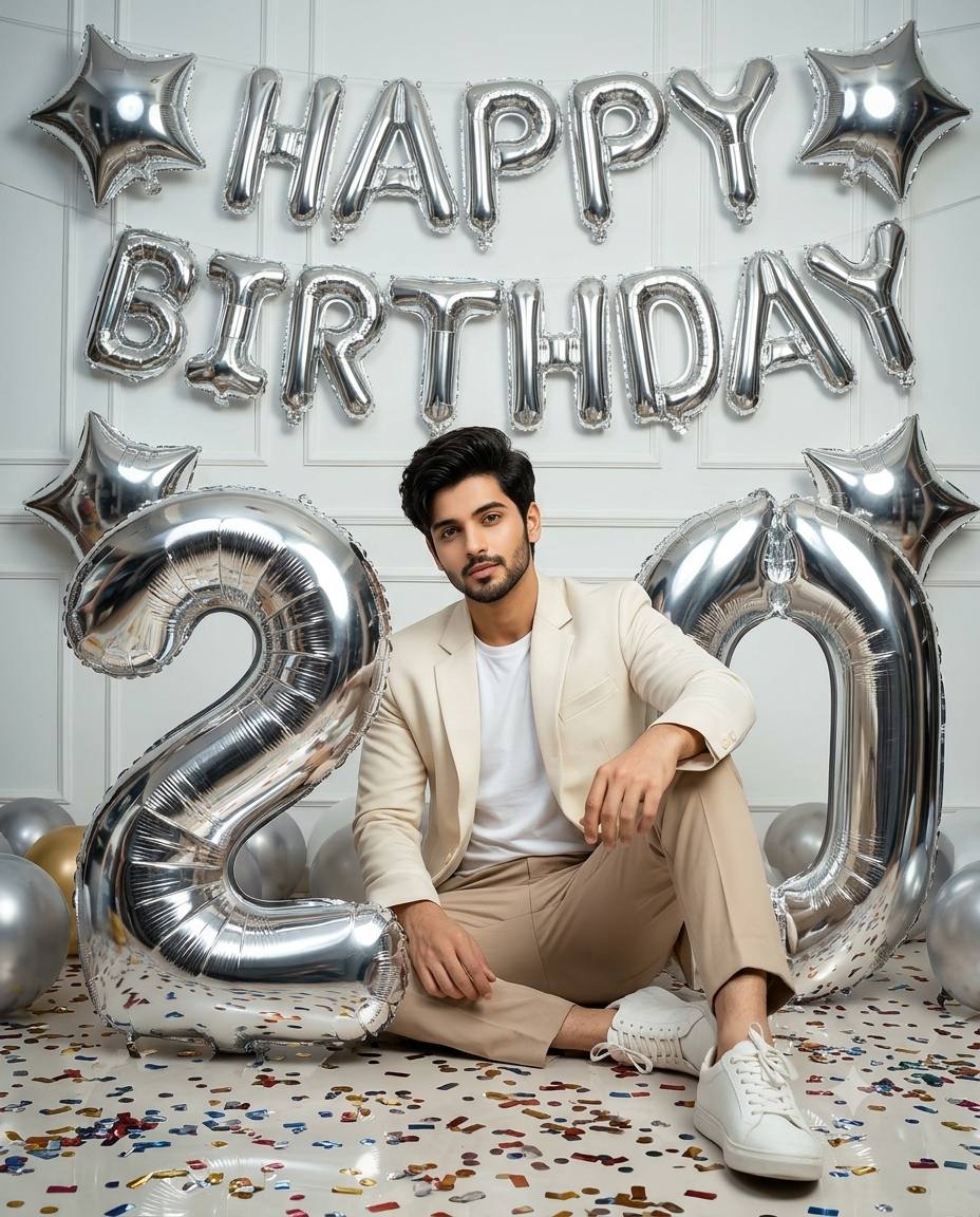 20th birthday man AI prompt | Beige suit, 20 balloons & confetti