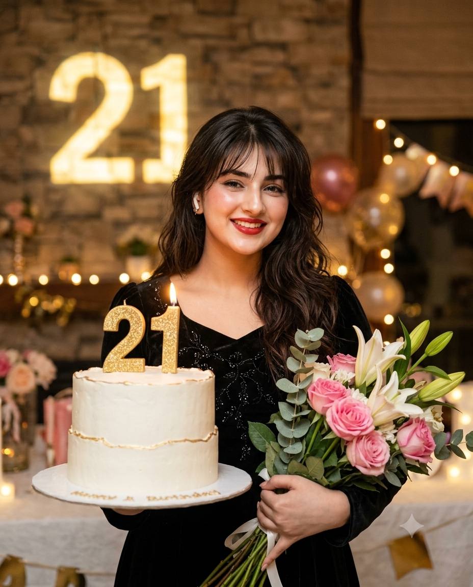 21st birthday princess AI prompt | Black dress, cake & “21” projection