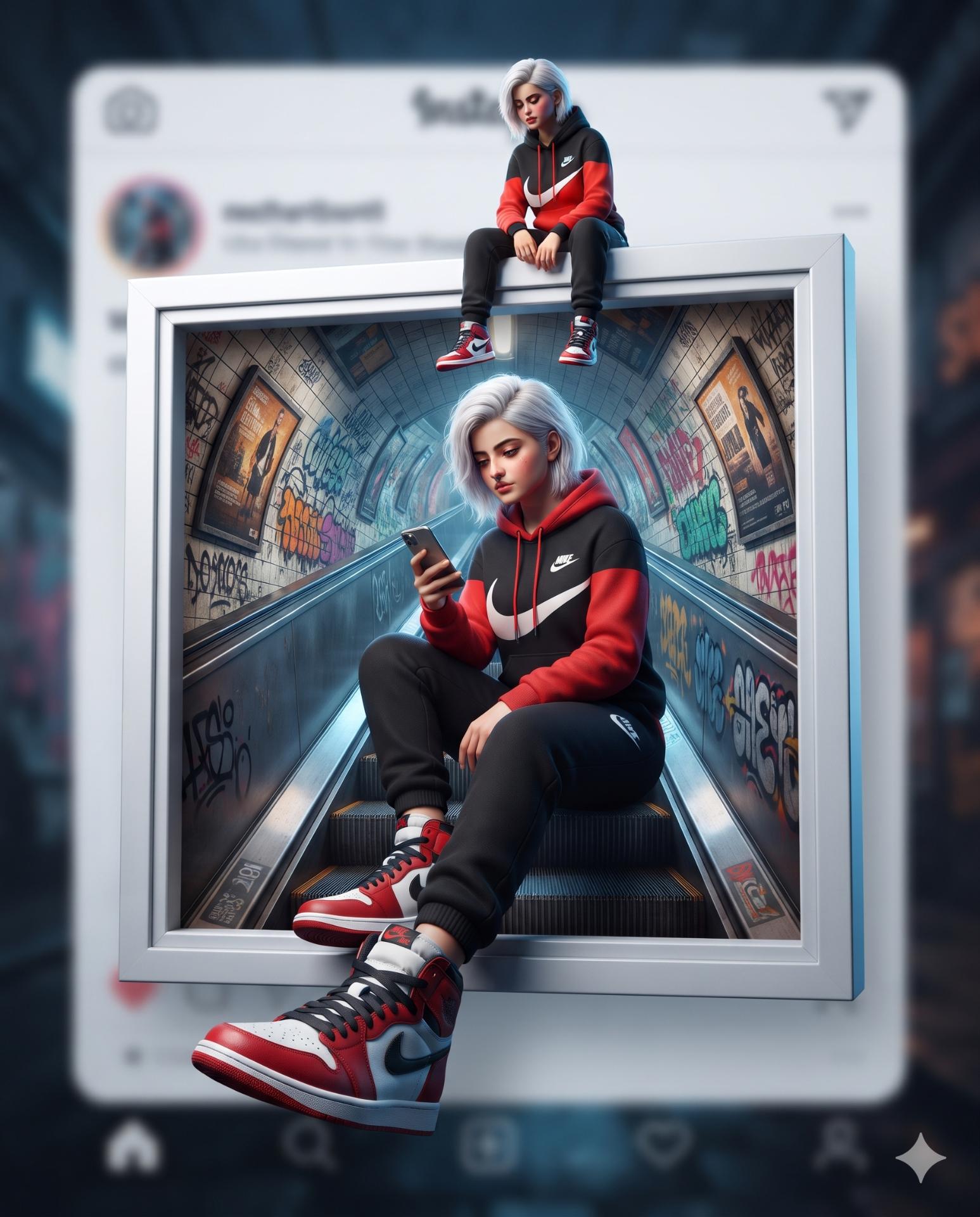 3D Instagram Profile AI Image Prompt Gemini | White-Haired Girl, Nike Tracksuit & Air Jordan Sneakers