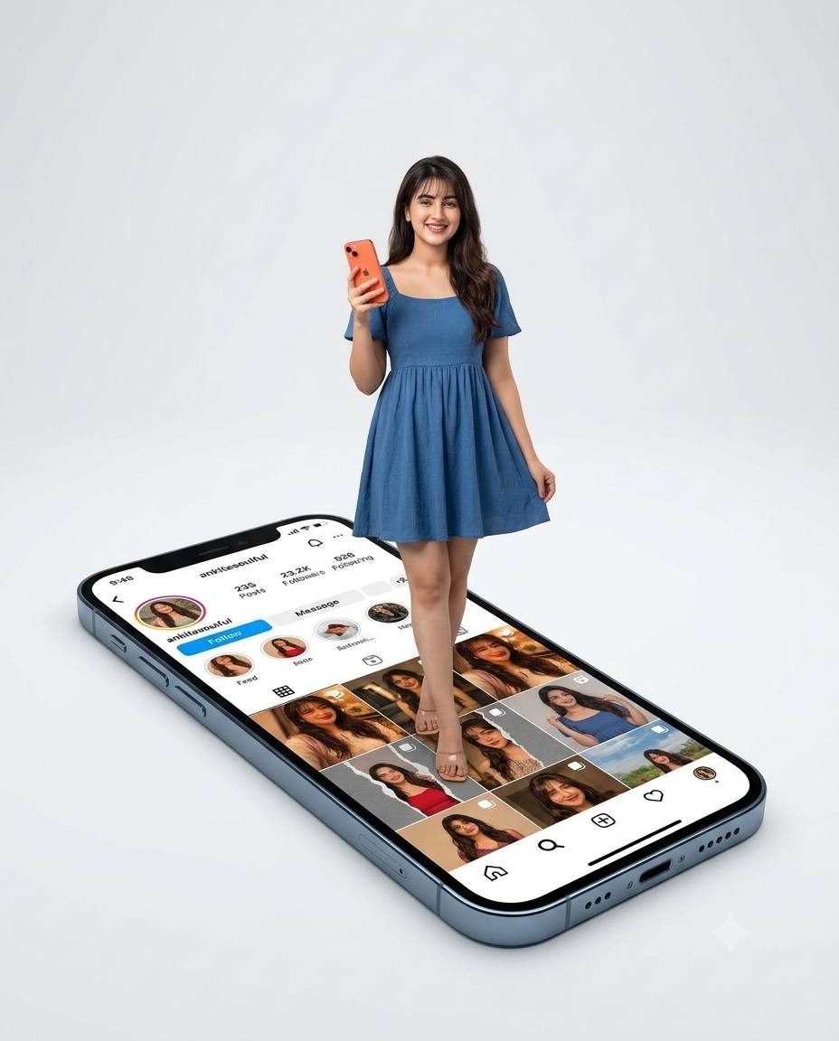 3D Instagram smartphone AI prompt | Blue frock, giant phone & orange iPhone