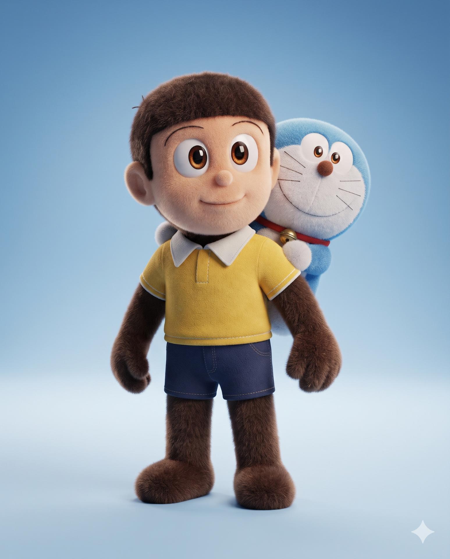 Doraemon and Nobita AI Image Prompt Gemini | Cute 3D Plush Cartoon & Pixar-Style Toy Art