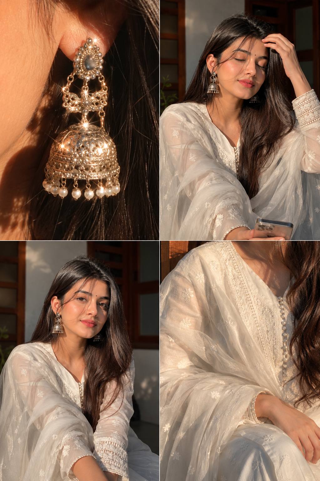 4-Panel Cinematic Indian Woman Portrait in Ivory Silk Kurta & Golden Jhumka AI image prompt