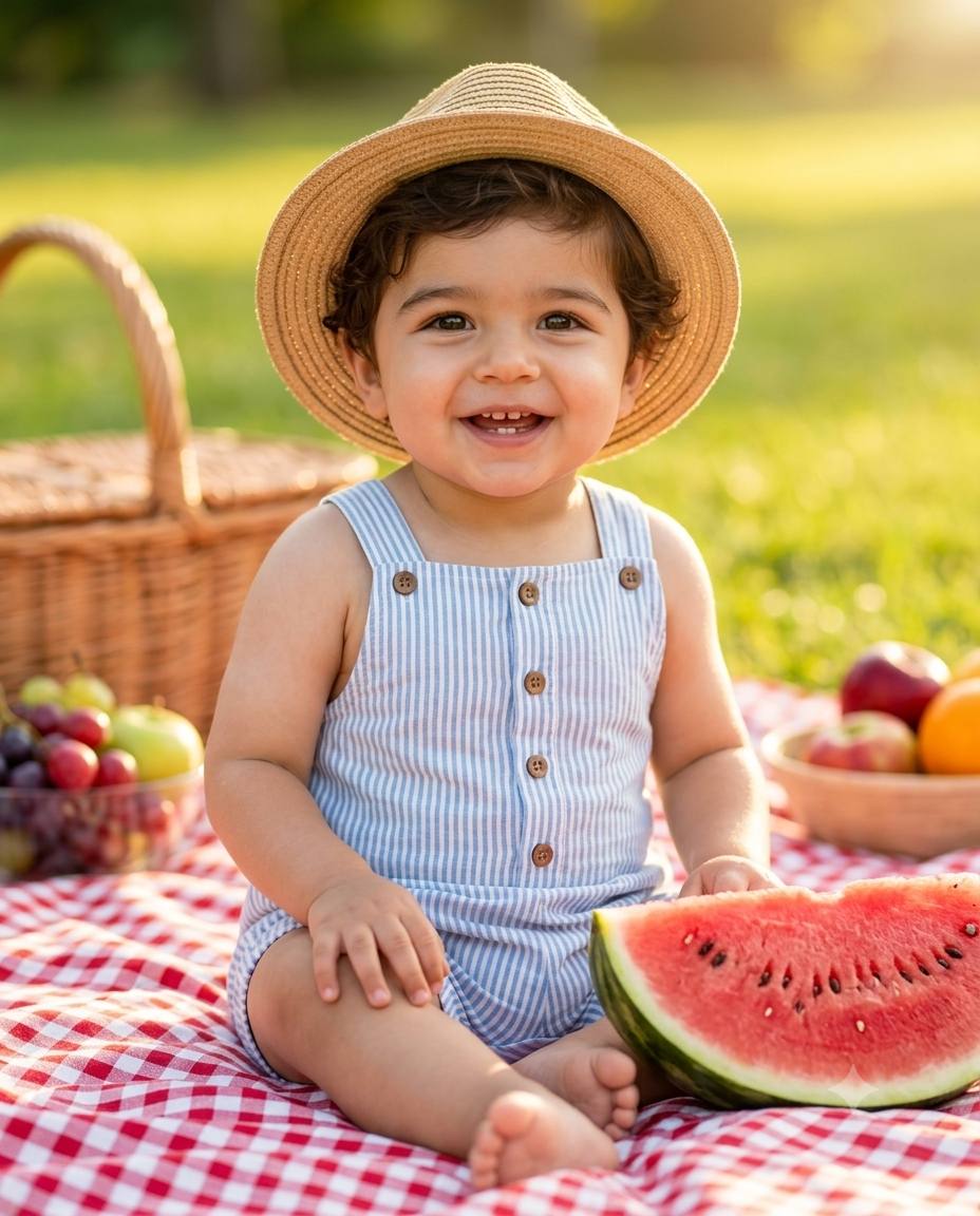 Baby picnic portrait AI prompt | Striped romper, sun hat & watermelon
