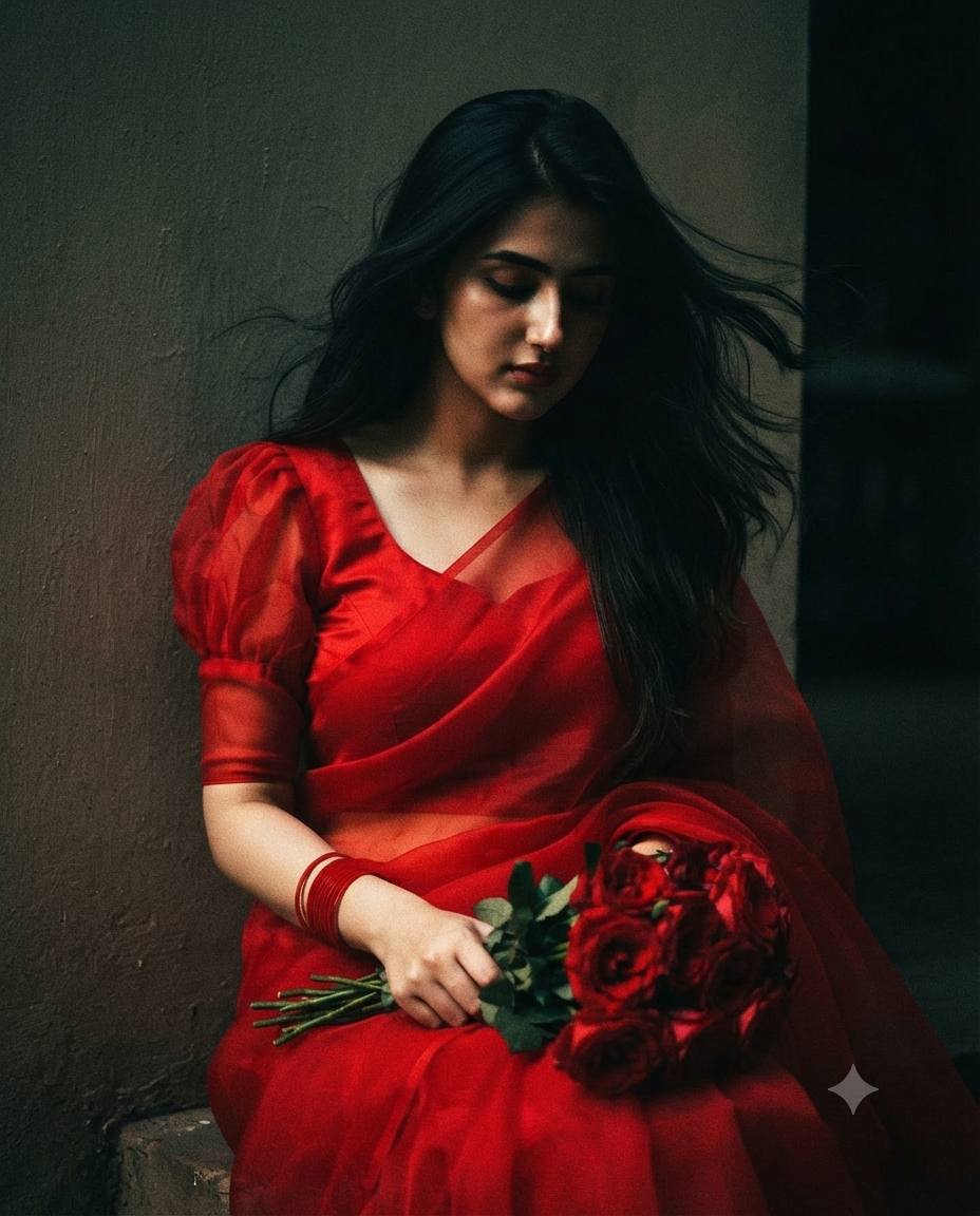 90s Bollywood Vintage Red Organza Saree Portrait | Retro Grainy AI Image Prompt