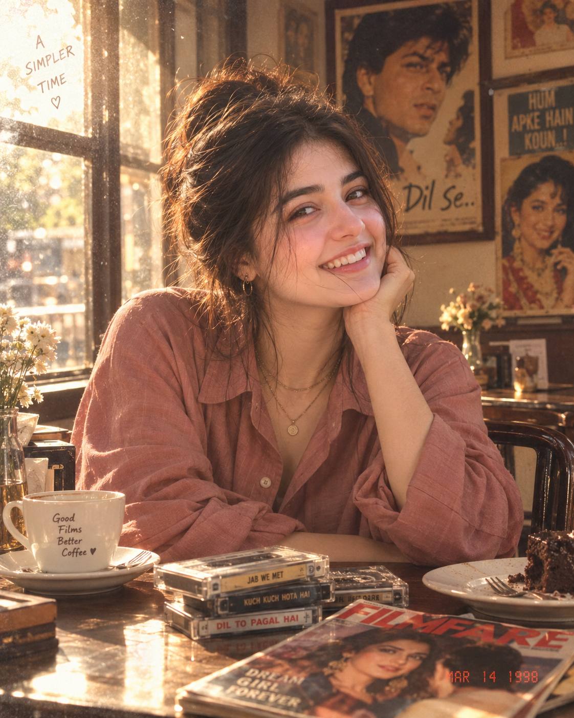 90s Indian Girl Portrait Prompt – Vintage Café & Retro Bollywood Aesthetic | AI image prompt
