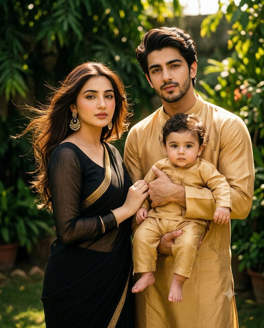 90s Indian family portrait AI prompt | Black saree, golden outfits & baby