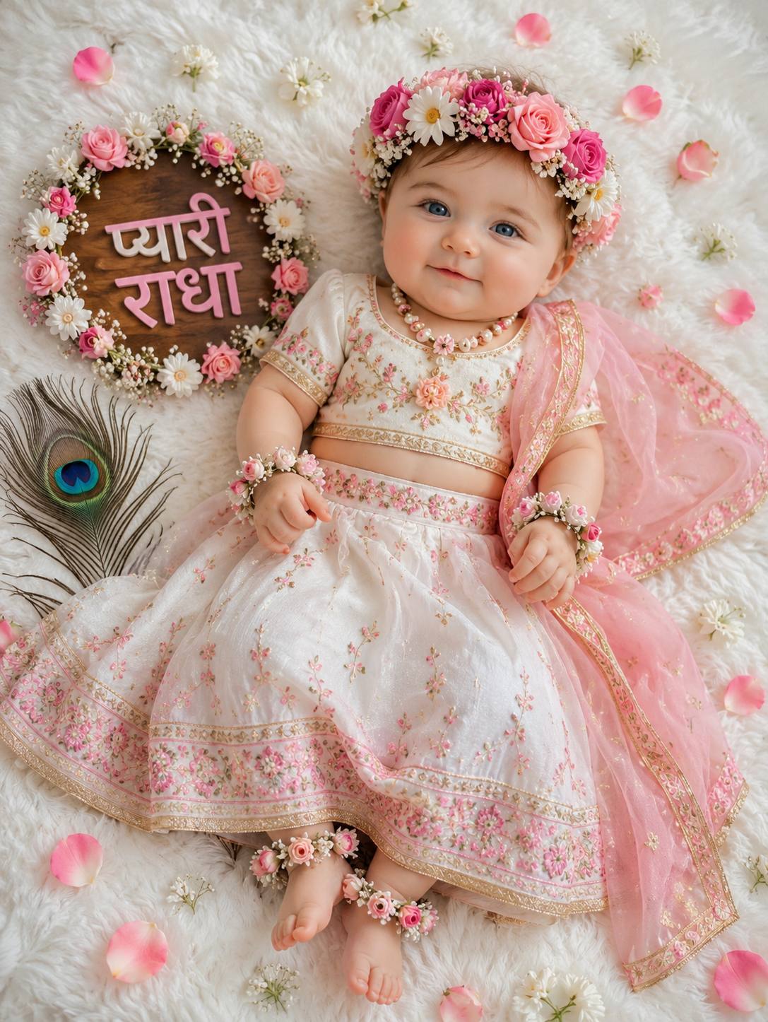 Adorable 4-Month-Old Baby Girl as Little Radha in Pink Floral Outfit AI Image Prompt