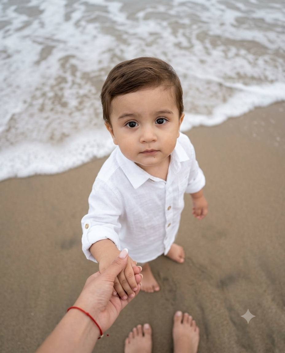 Baby boy beach POV portrait AI prompt | White linen, ocean waves & Leica style