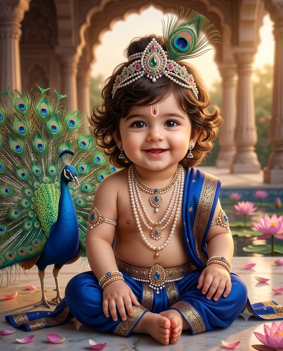 Adorable Baby Krishna Portrait with Peacock in Royal Marble Courtyard - AI Image