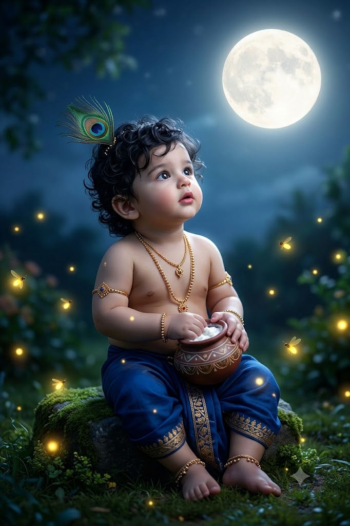 Adorable Bal Krishna with Makhan Matki Under Moonlit Vrindavan Sky | Divine AI Image Prompt