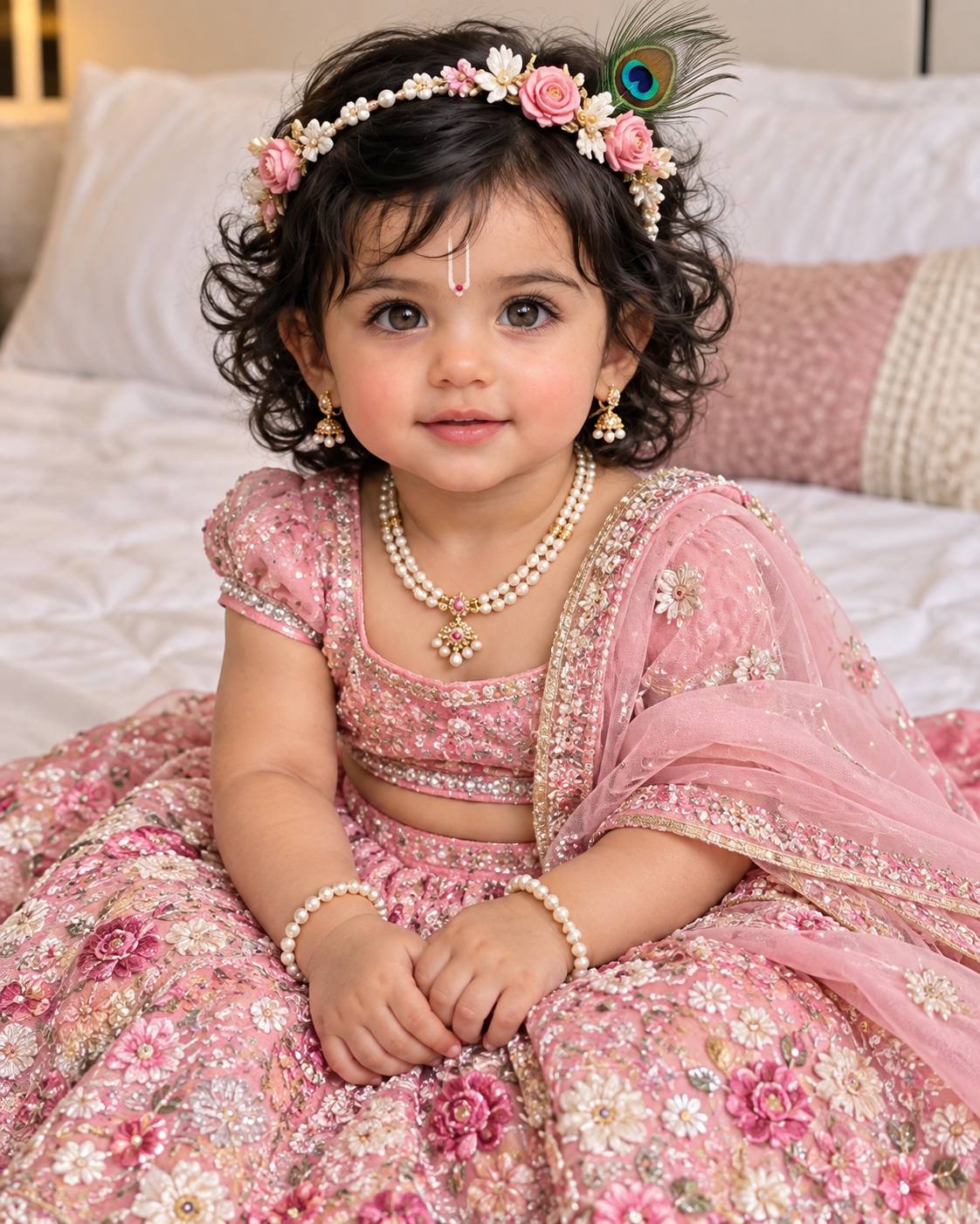 Adorable Indian Baby Girl in Pink Floral Lehenga – Ultra-Realistic Portrait AI prompt