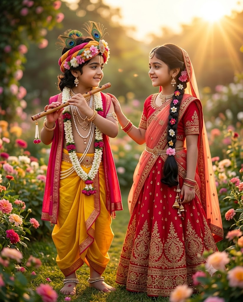 Adorable Little Krishna and Radha in a Golden Hour Flower Garden AI Image Prompt