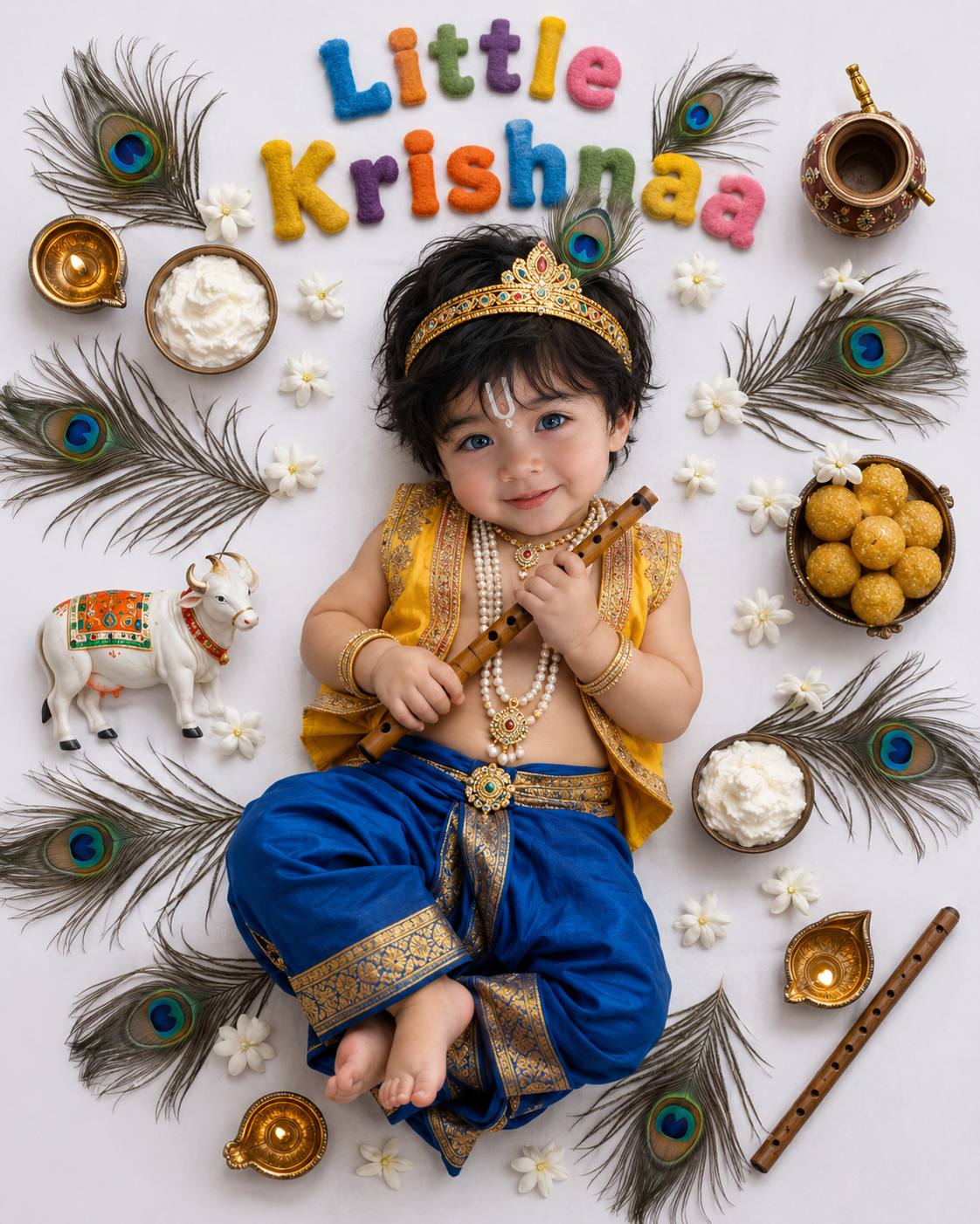 Adorable Little Krishna Baby Boy Top-Down Photoshoot with Peacock Feathers – AI Image Prompt