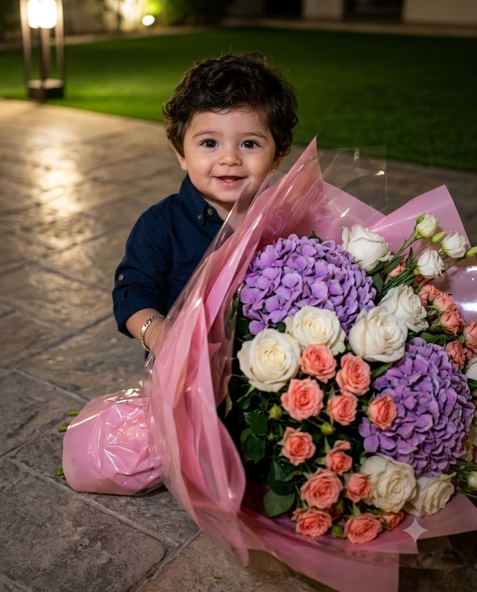 Toddler boy flower portrait AI prompt | Purple hydrangeas & white roses