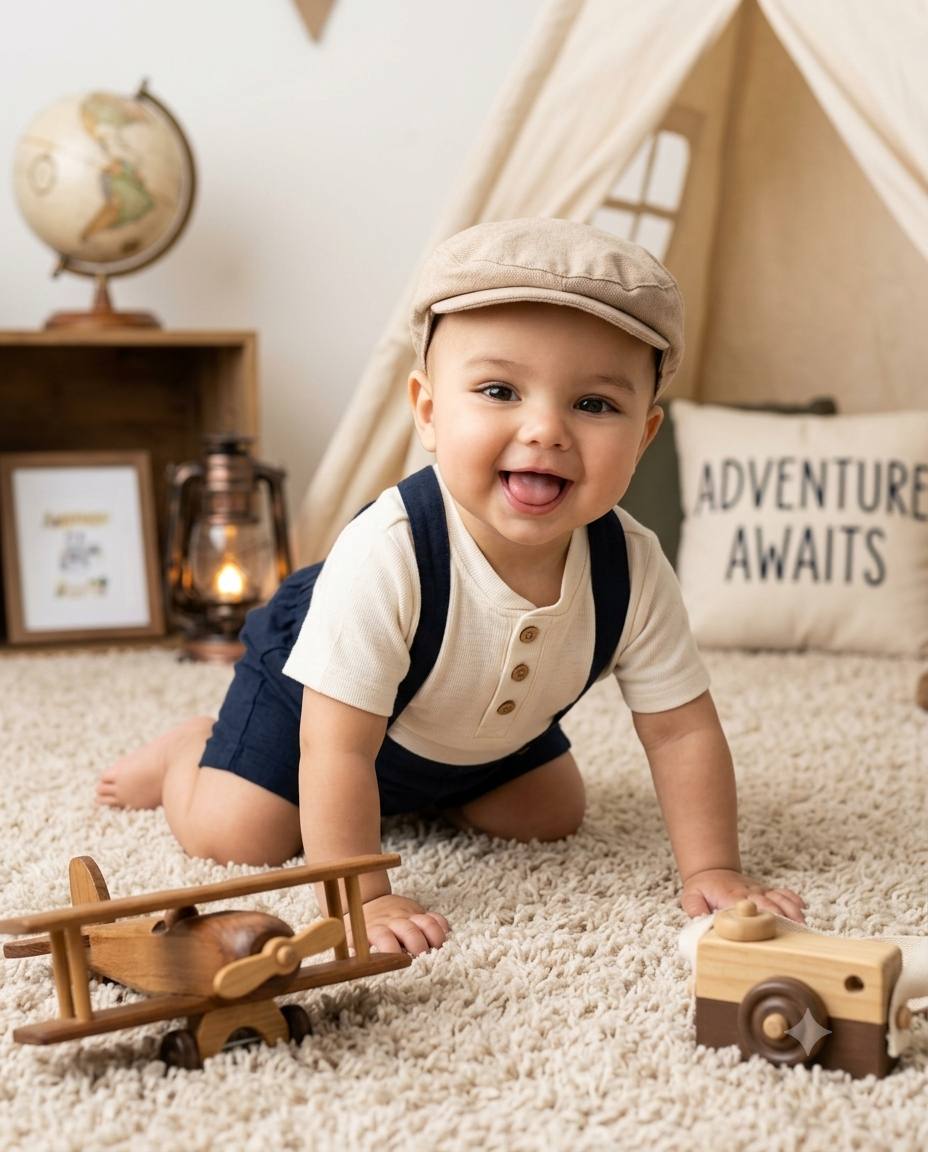 Adventure baby boy AI prompt | Newsboy cap, suspenders & cozy nursery