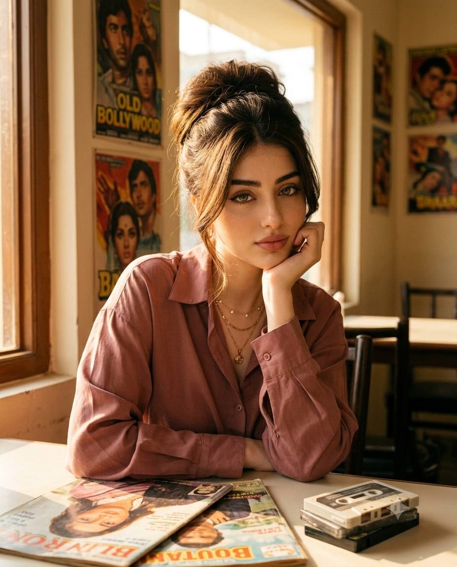 Aesthetic 90s Indian Girl Portrait in Vintage Café with Bollywood Posters – Nostalgic Film Style | AI image prompt