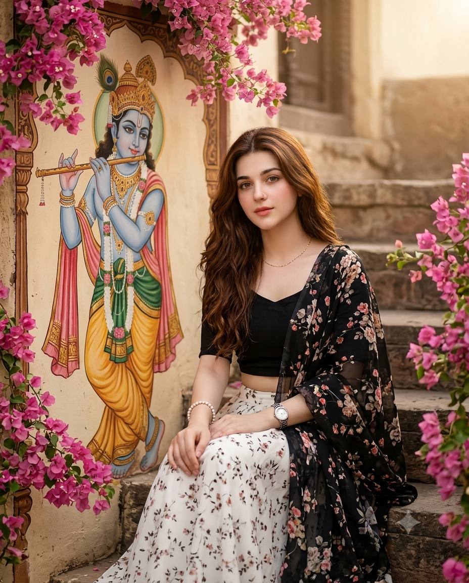 Aesthetic Indian Girl Beside Krishna Wall Art AI Image Prompt: Floral Outfit & Bougainvillea