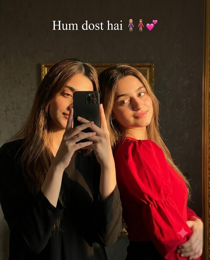 Aesthetic Mirror Selfie of Two Best Friends with Warm Cinematic Lighting AI Image Prompt