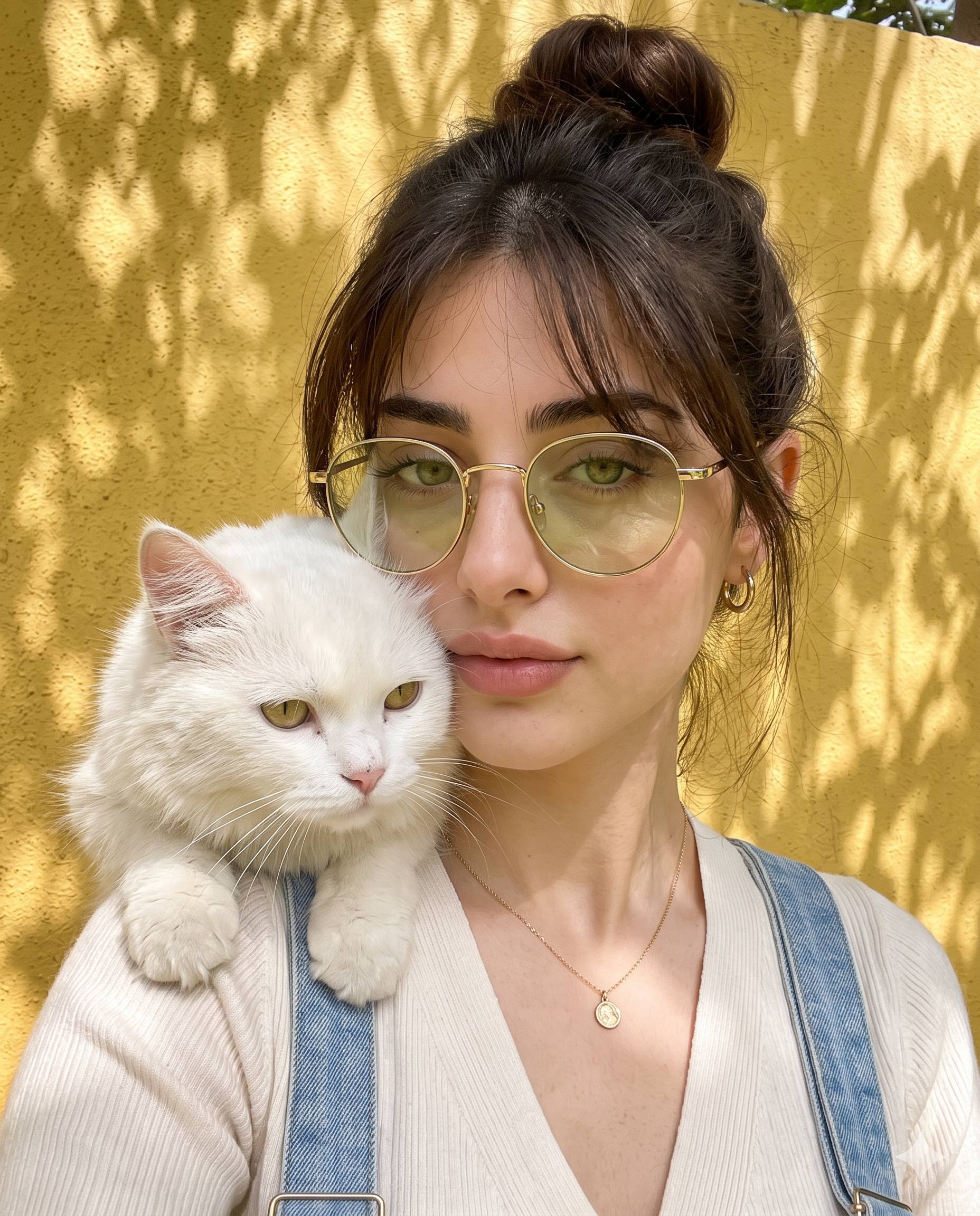 Woman with White Cat AI Image Prompt Gemini | Yellow Wall & Aesthetic Portrait Photography