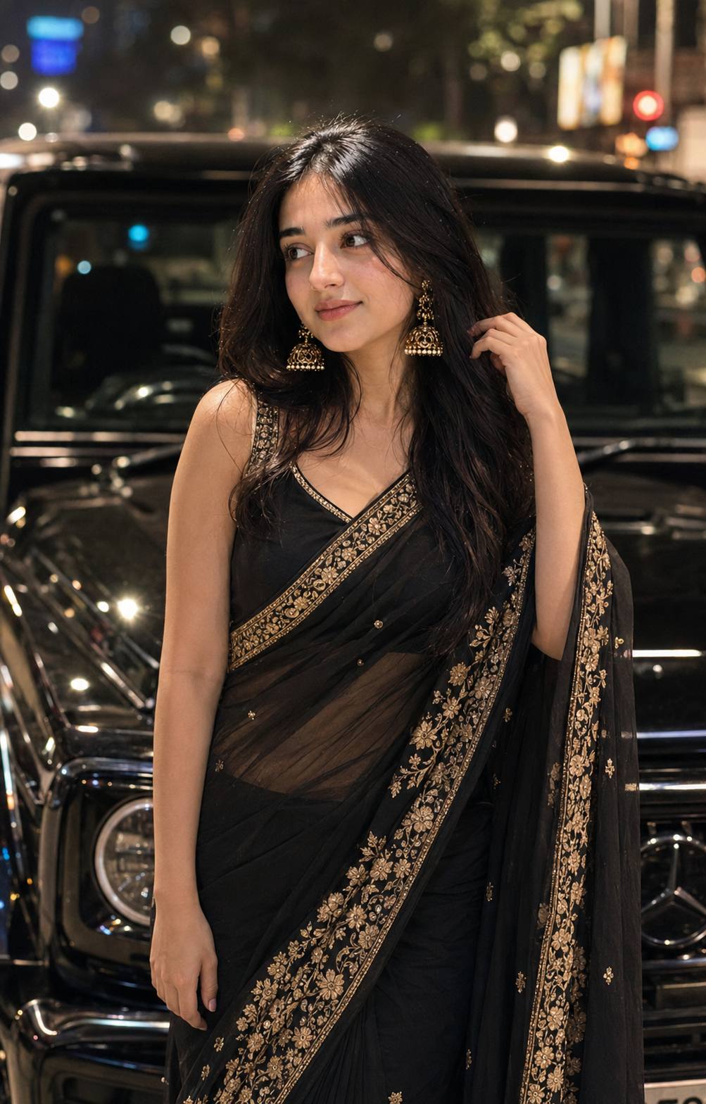 Black Saree Night Portrait AI Prompt | Ultra-Realistic Luxury SUV Fashion Photography
