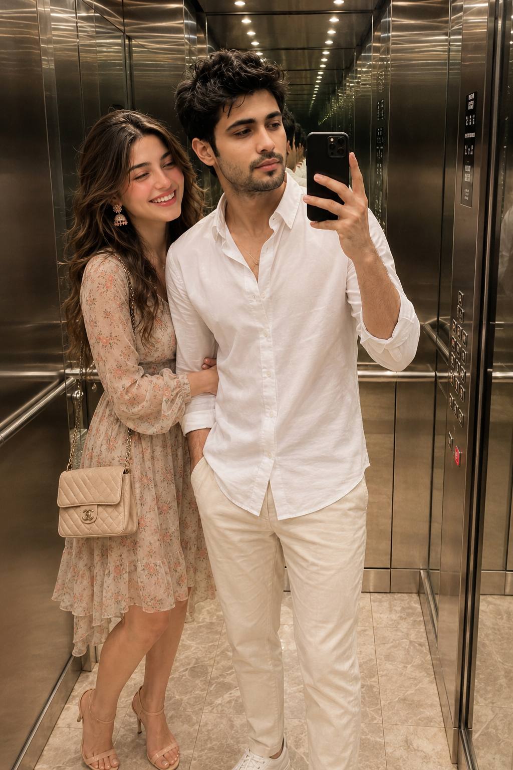 AI Couple Mirror Selfie Prompt – Luxury Elevator Vacation Portrait | AI image prompt
