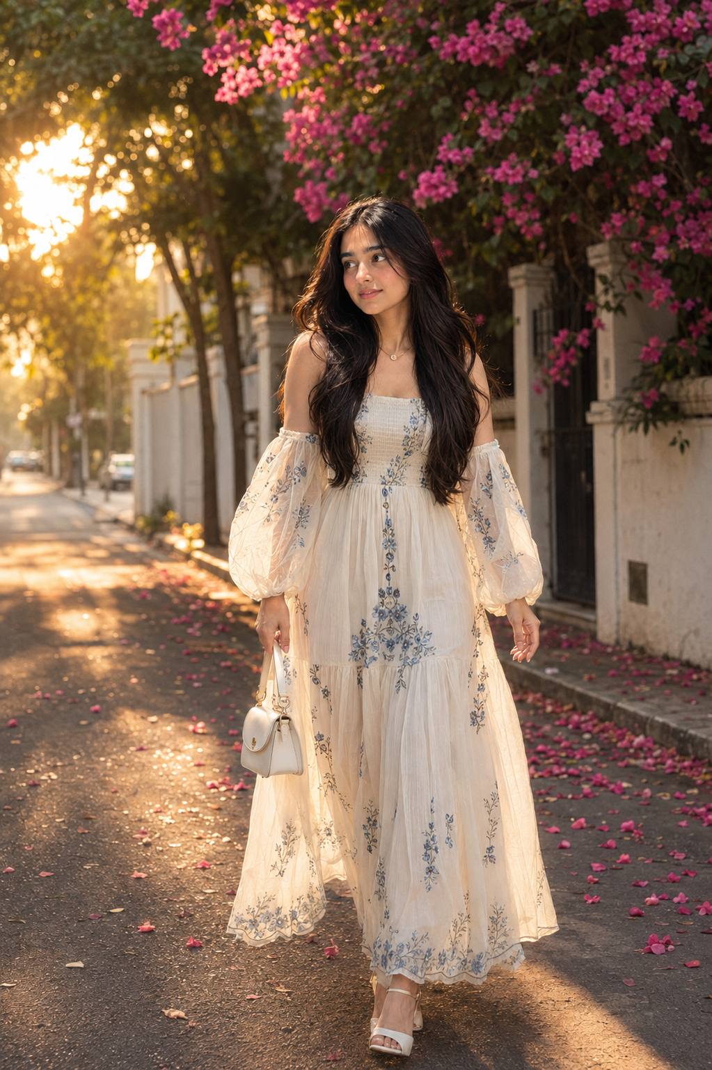 vory Maxi Dress Portrait Ai Prompt | Golden Hour Bougainvillea Fashion Photography