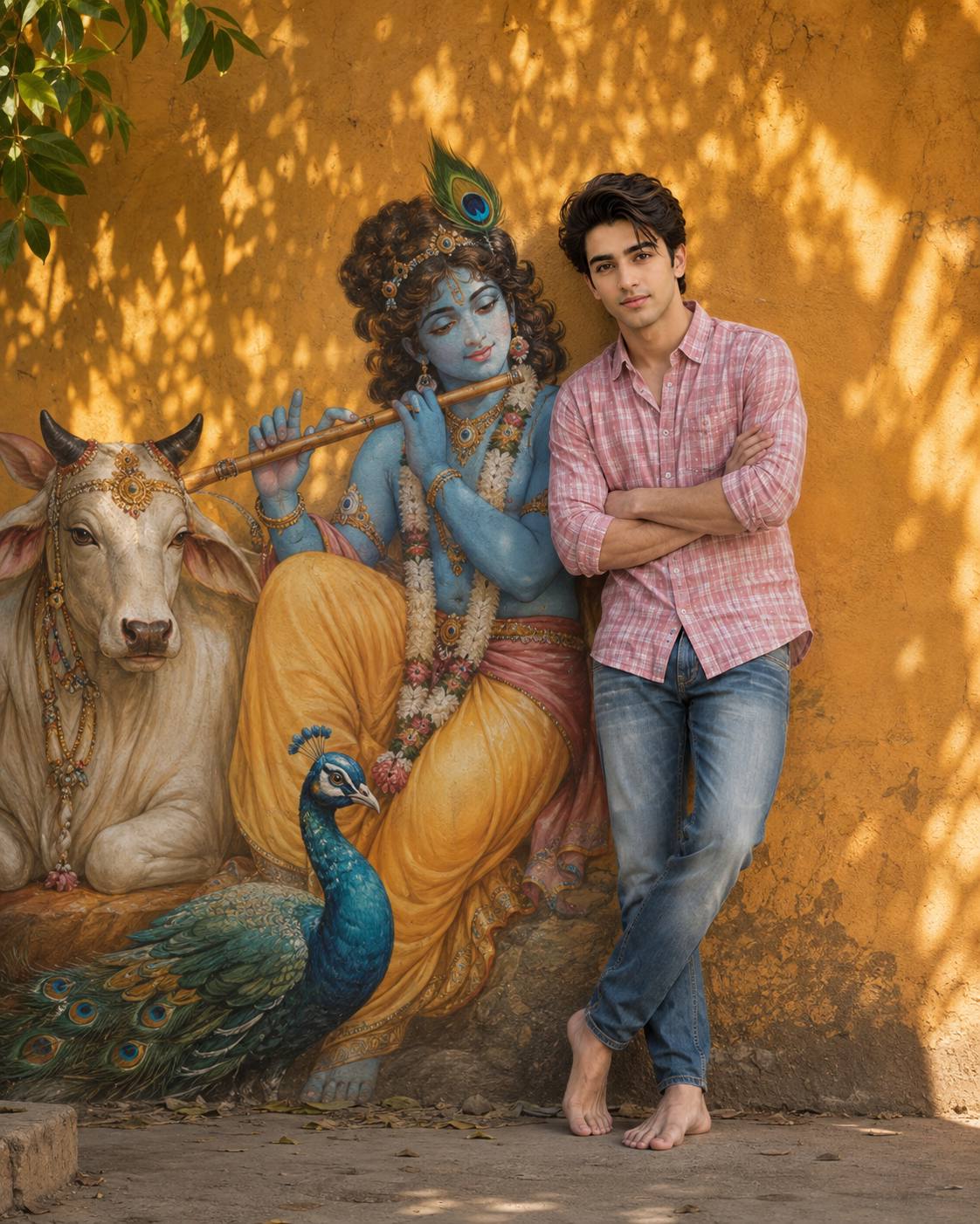 AI Lord Krishna Mural Photo Prompt | Ultra-Realistic Indian Man Cinematic Portrait AI image prompt