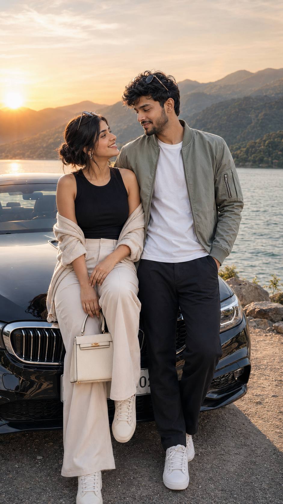 AI Luxury Couple Car Photo Prompt | Ultra-Realistic Lakeside Golden Hour Photography