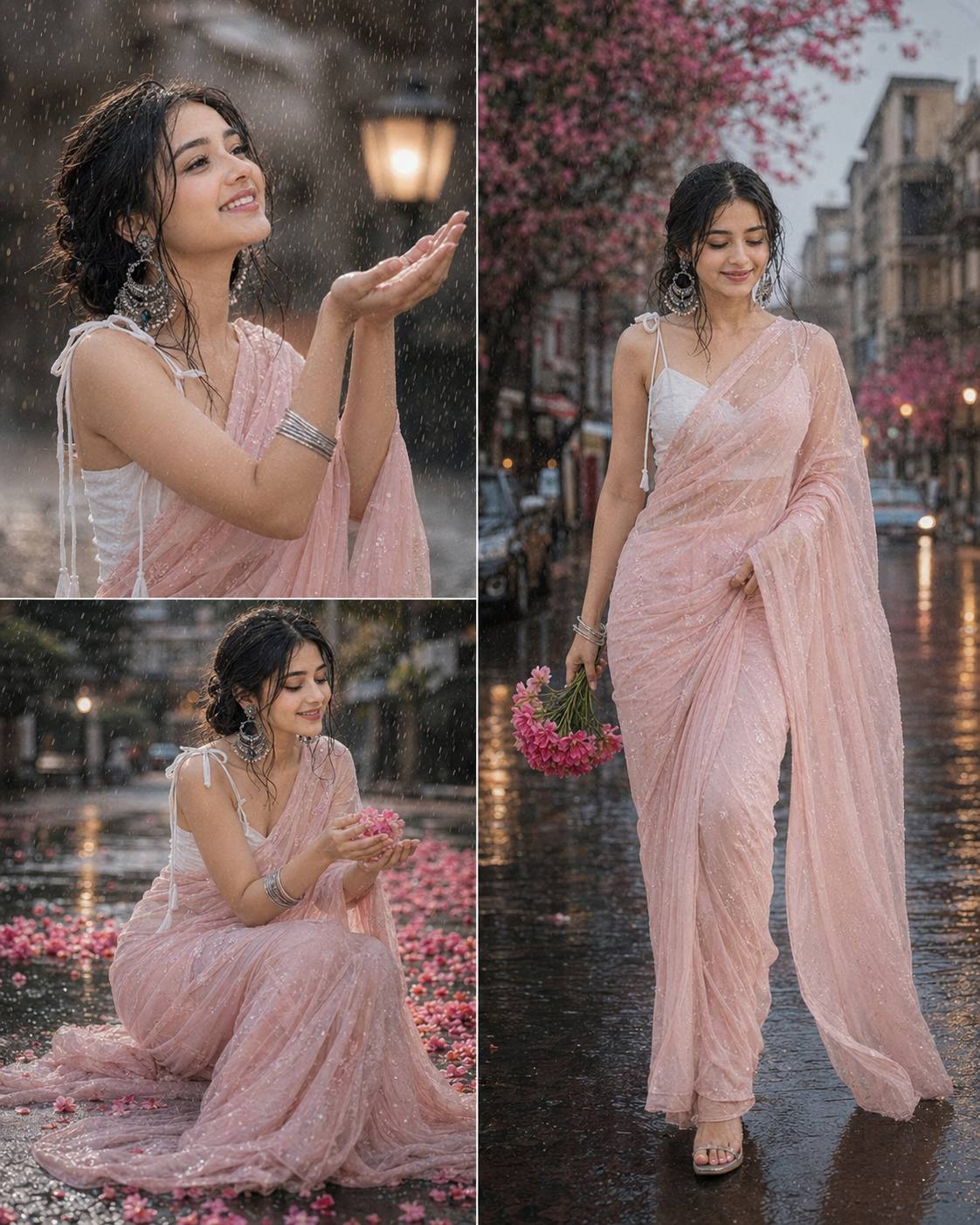 AI Rainy Day Saree Photo Collage Prompt | Cinematic Indian Woman Photography AI prompt