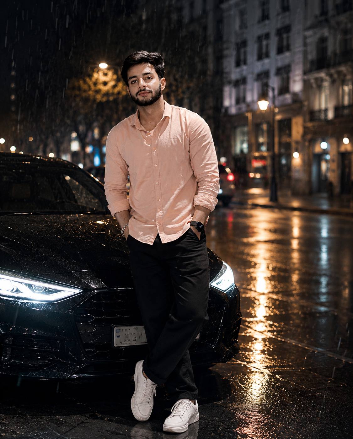 AI Rainy Street Portrait Prompt | High-Contrast Cinematic Urban Photography ai prompt