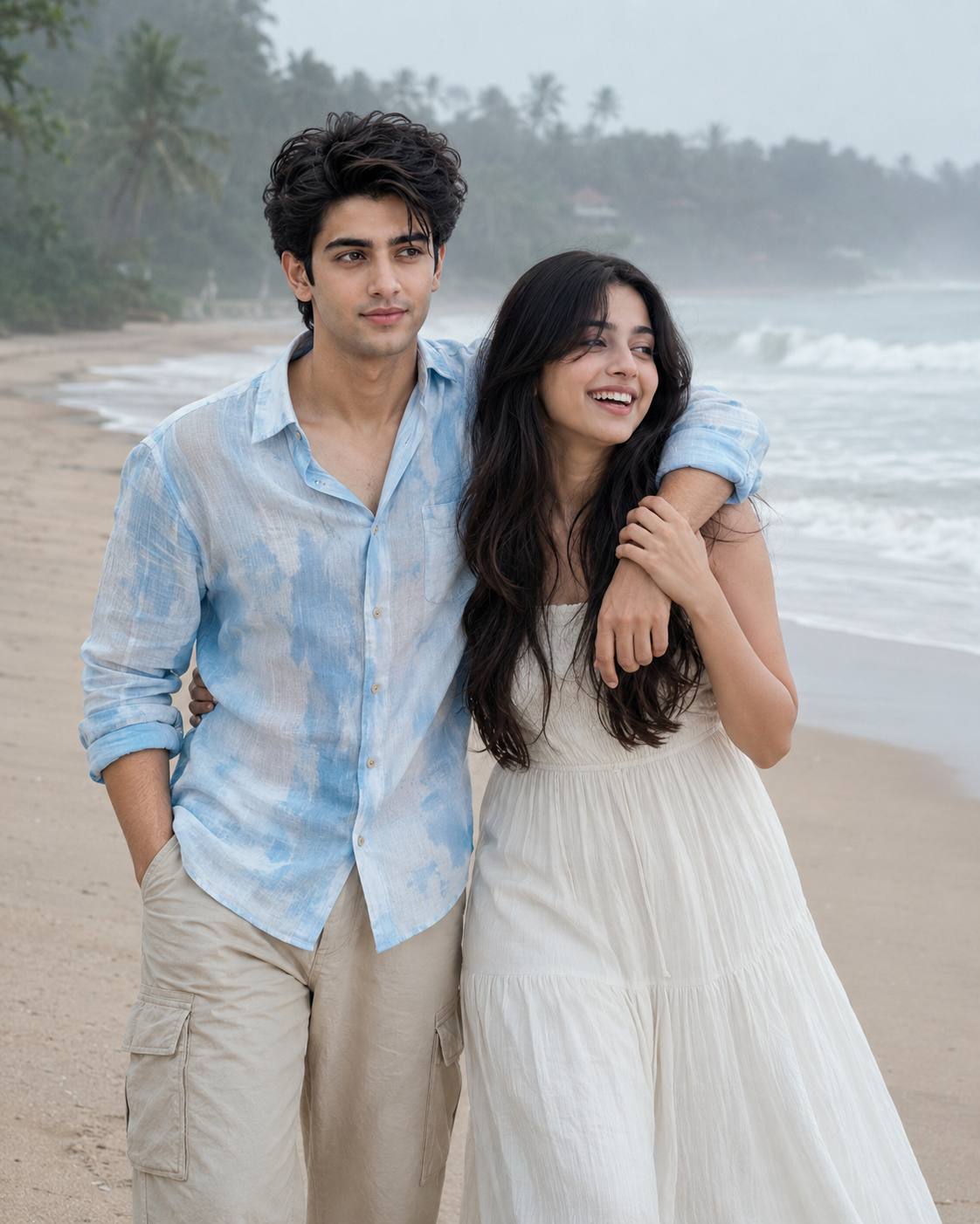 Couple Beach Portrait AI photo Prompt | Cinematic Misty Coastal Photography