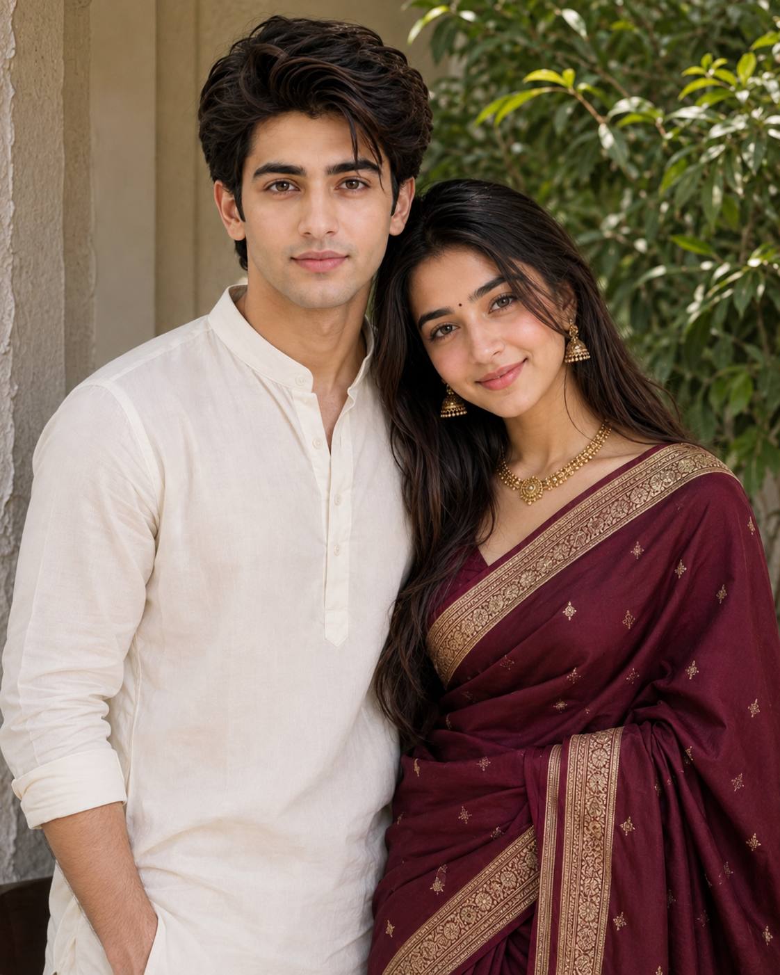 Elegant Maroon Saree & Gold Jewelry Couple Portrait  AI Prompt