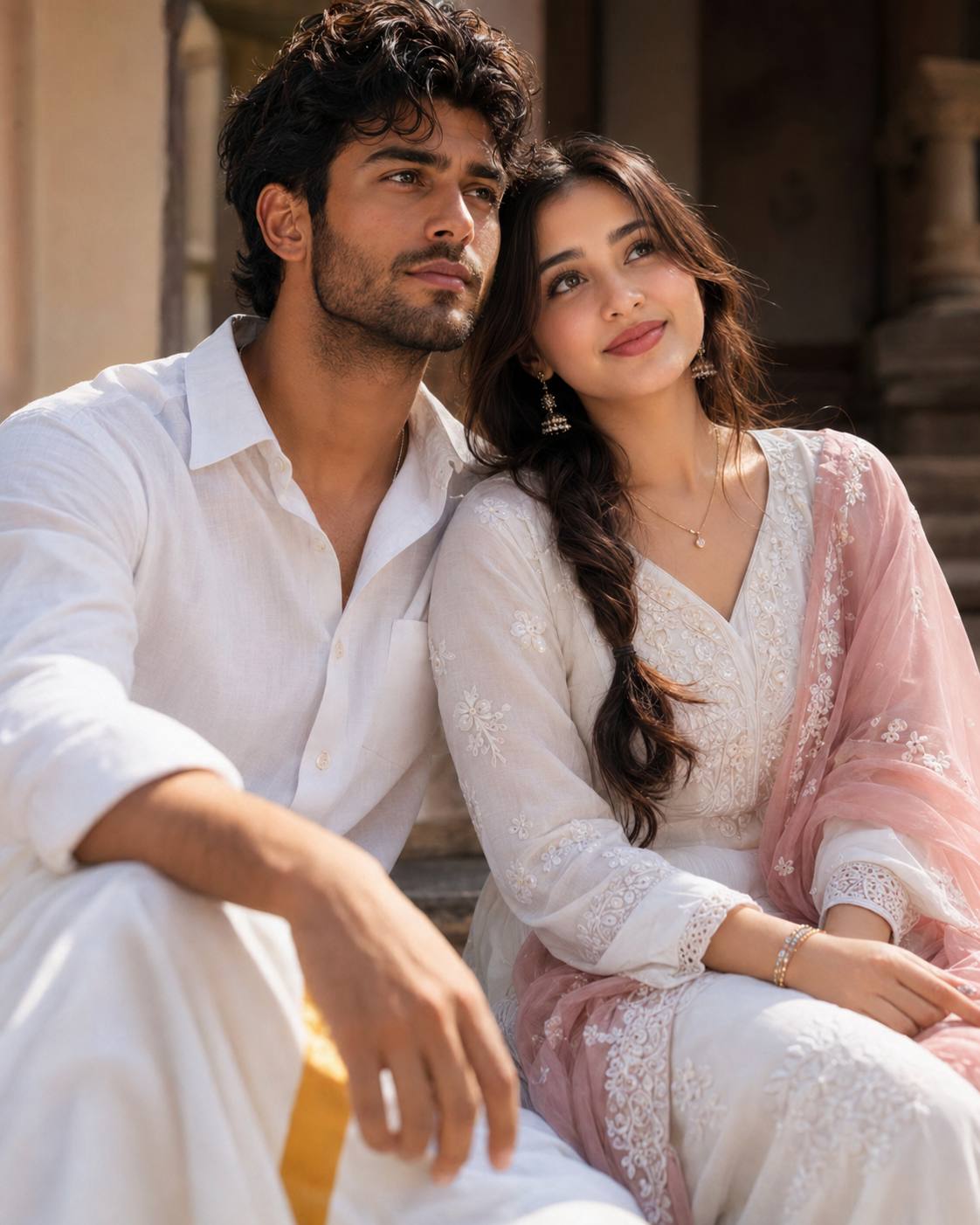 AI South Indian Couple Portrait Prompt | Ultra-Realistic Traditional White Outfit