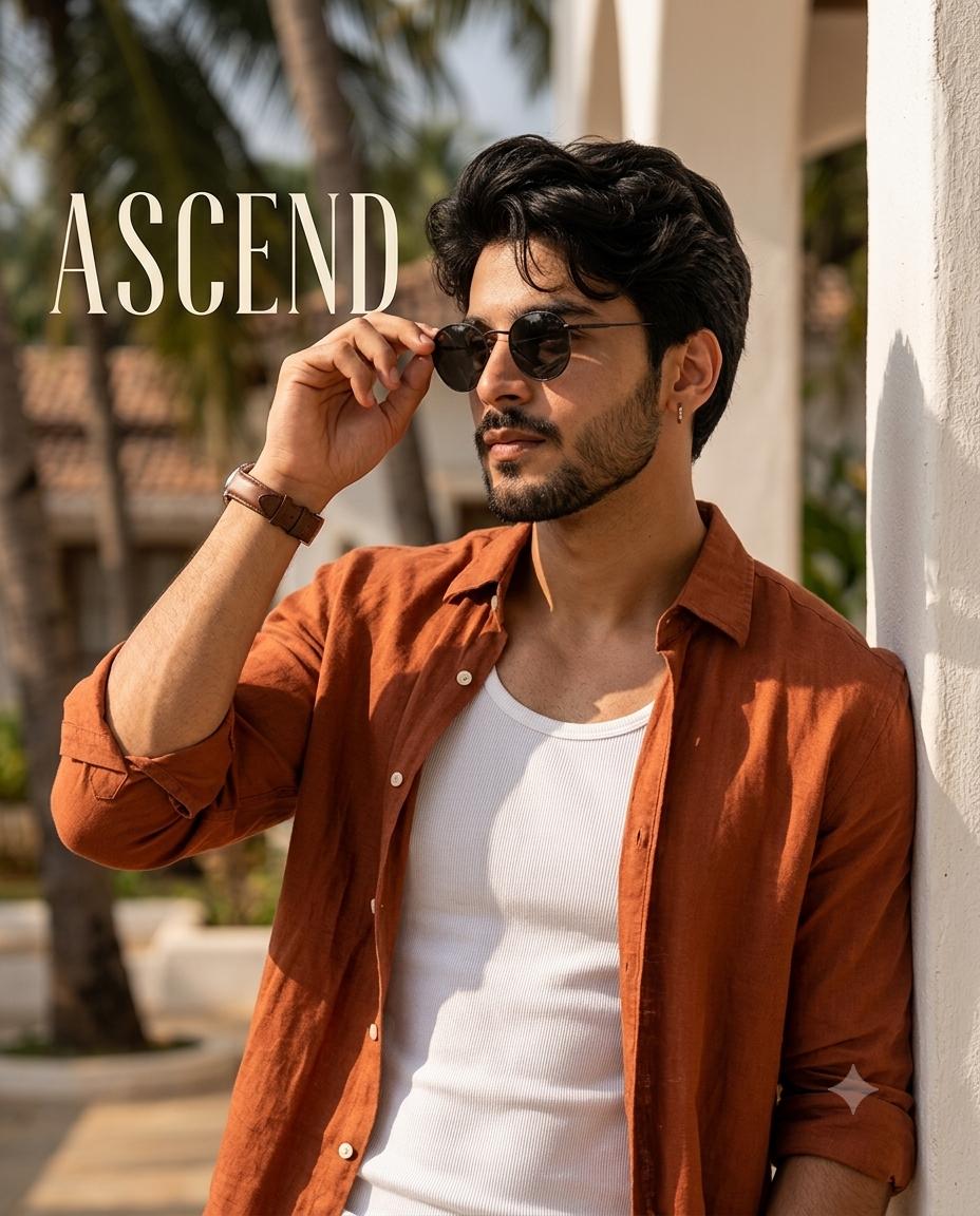 South Indian fashion Portrait AI prompt | Burnt orange shirt & Mediterranean style