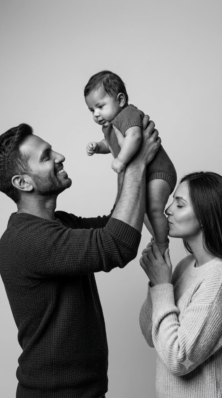 Asian Family Baby Portrait Black & White AI Prompt Emotional Studio 9:16