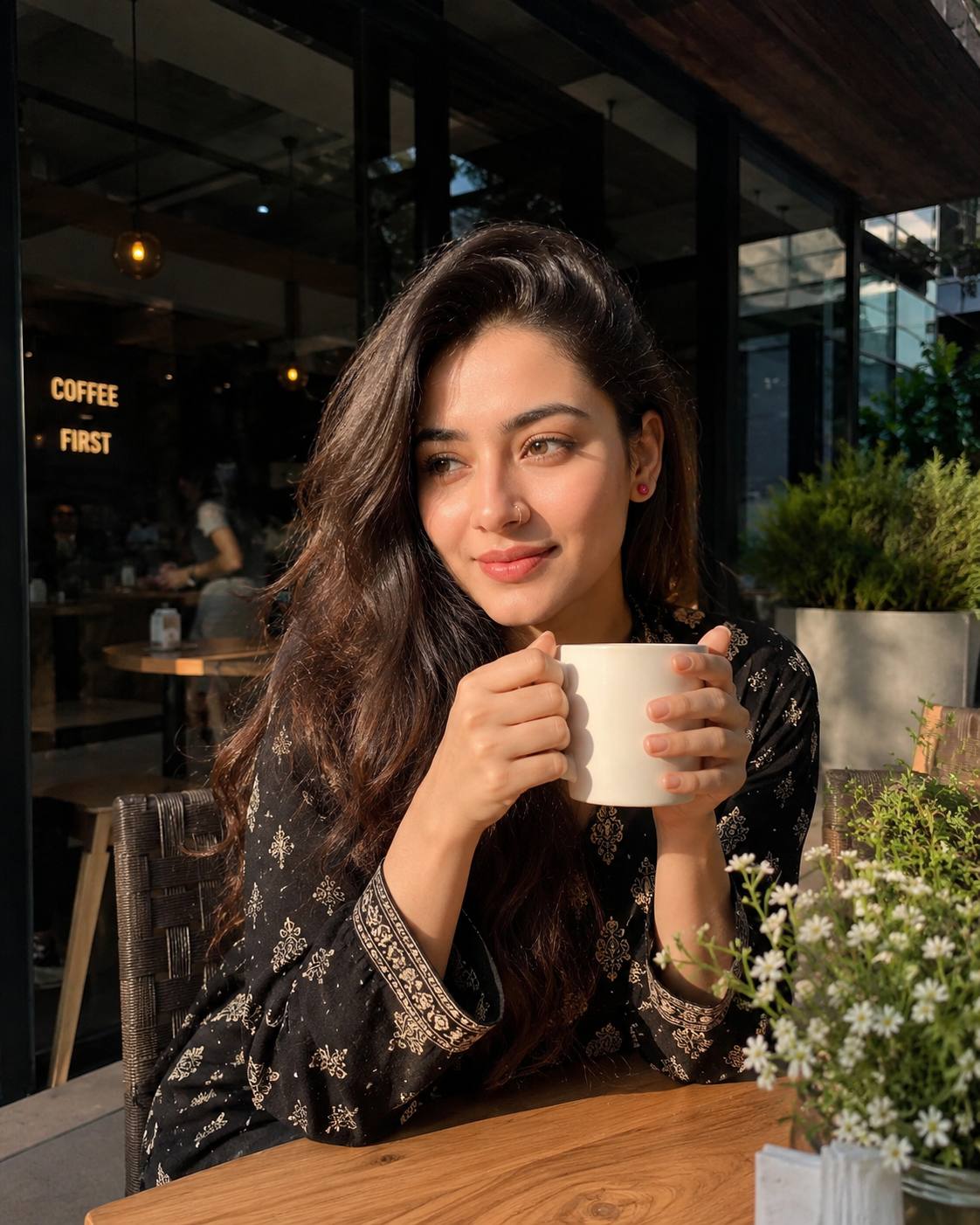 Authentic iPhone Café Portrait of Woman with Coffee Natural Photography AI image prompt