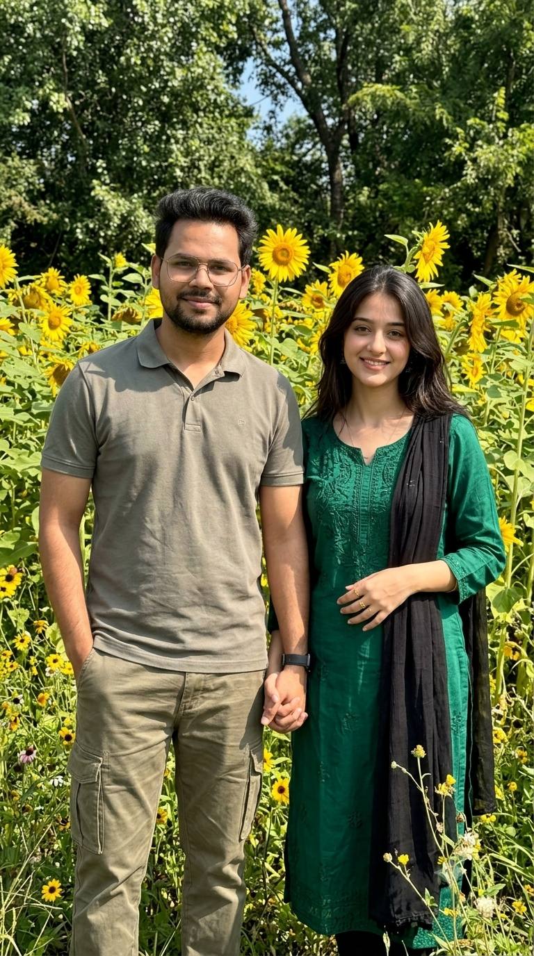 Indian Couple Portrait in Sunflower Field | AI Image Prompt