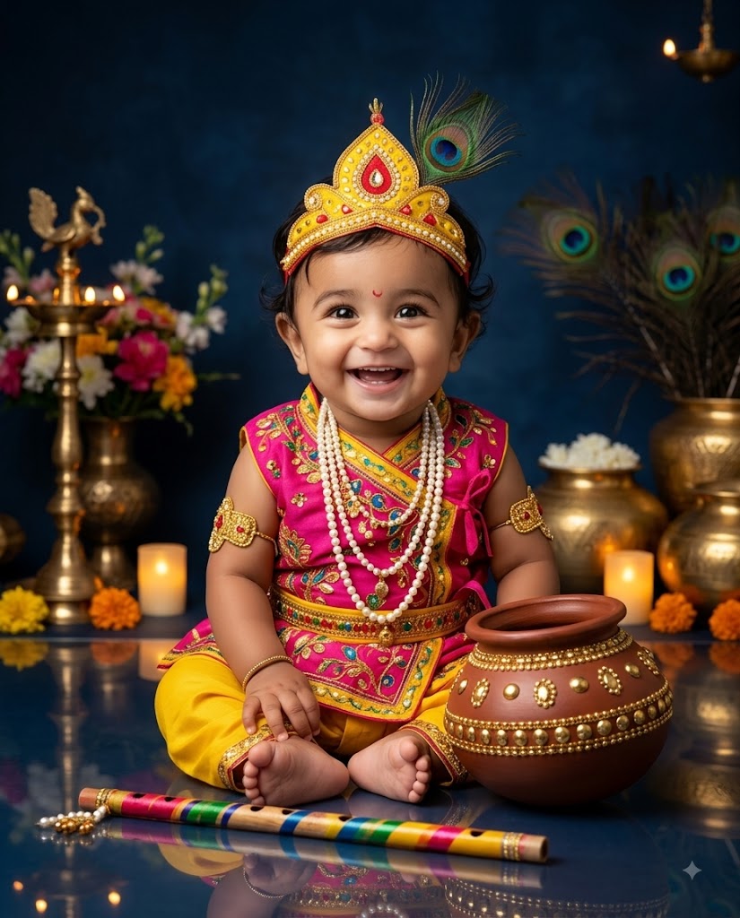 Baby Krishna AI Photo with Matka & Flute – Cute Little Krishna Studio Portrait