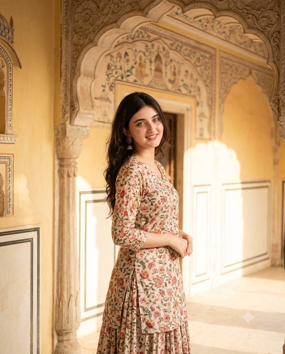 Beautiful Girl in Jaipur Palace Courtyard – Ultra-Realistic 8K Fashion AI Image Prompt