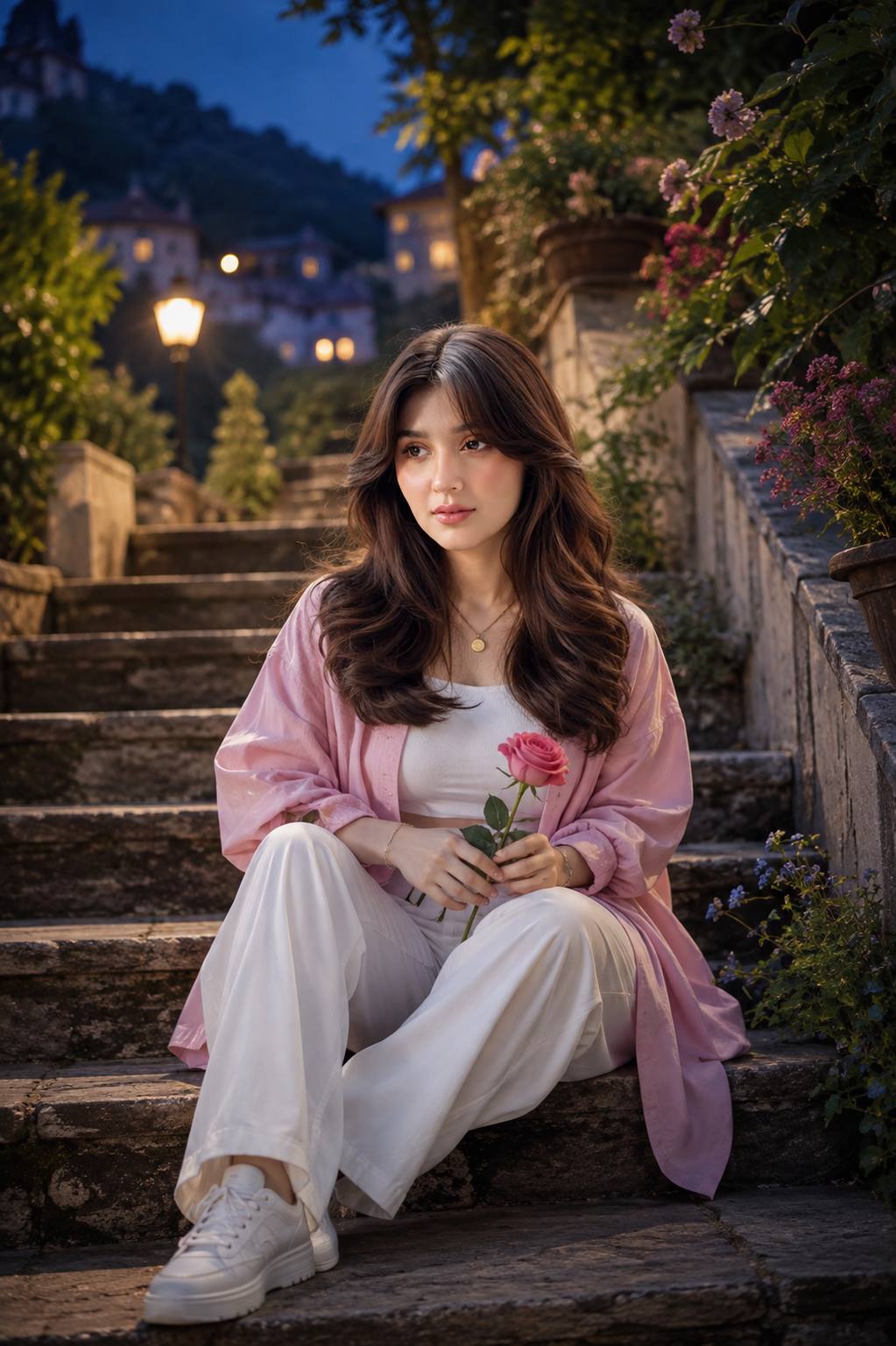 Beautiful Indian Girl in Pastel Pink Outfit on Vintage Stone Stairs | Cinematic Blue Hour Portrait AI Prompt